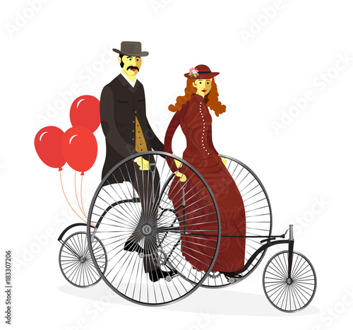 Couple of cyclists on tandem bicycle with balloons vector illustration
