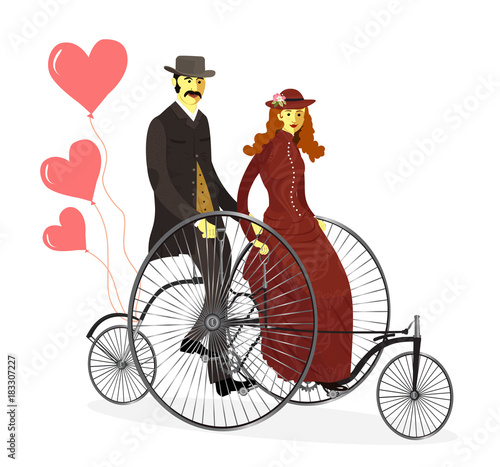 Retro loving couple man and woman on bicycles with balloons vector Illustration.