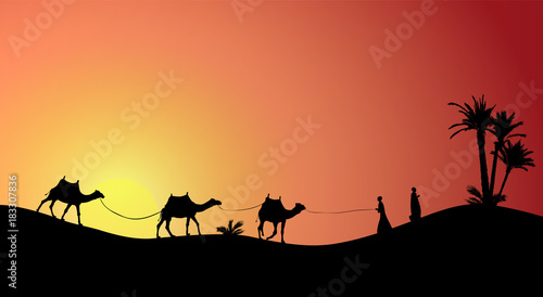 Silhouette of Caravan mit people and camels wandering through the deserts with palms at night and day. Vector Illustration.