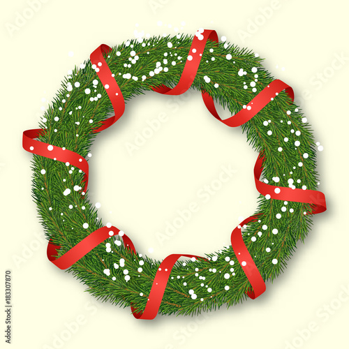 Christmas wreath. Fir-trees with ribbon and snowflakes