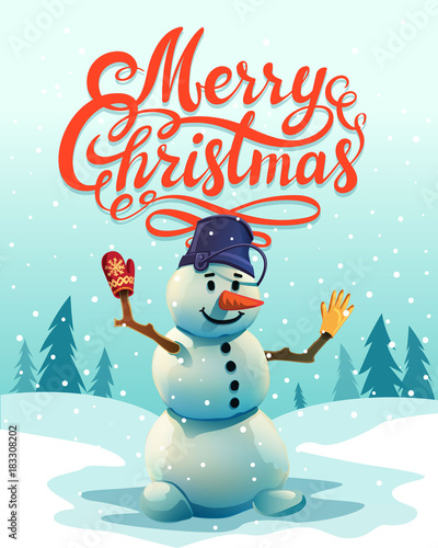 Fototapeta Naklejka Na Ścianę i Meble -  Christmas greeting card. Merry Christmas Inscription and cut Snowman.