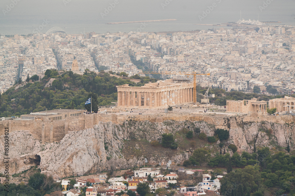 view of Athens and the Acropolis from the Mount Lycabettus