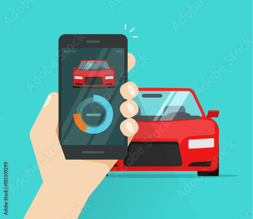 Smart car and smartphone dashboard system data vector illustration, flat cartoon style of mobile phone with auto diagnostic app, cellphone connected to automobile control technology