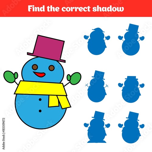 Shadow matching game for children. Find the right shadow. Activity for preschool kids. Theme merry christmas. Vector illustration