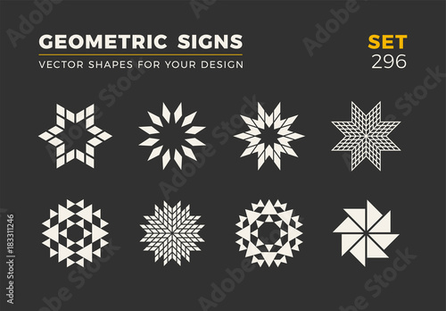 Set of eight minimalistic trendy shapes. Stylish vector logo emblems for Your design. Simple geometric signs collection.