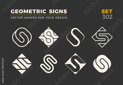 Set of eight minimalistic trendy shapes. Stylish vector logo emblems for Your design. Simple geometric signs collection.