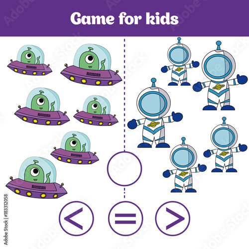 Education logic game for preschool kids. Choose the correct answer. More  less or equal Vector illustration. Cosmos design