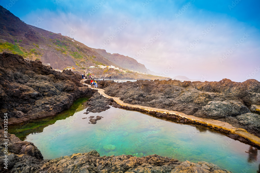 Fototapeta premium Beautiful landscape with traditional swimming pools in Garachico town of Tenerife, Canary island, Spain