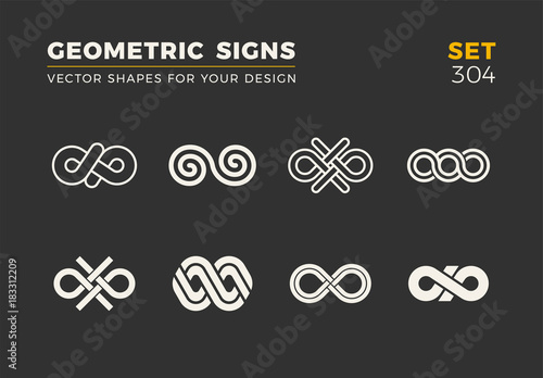 Set of eight minimalistic trendy shapes. Stylish vector logo emblems for Your design. Simple geometric signs collection.