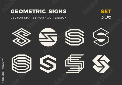 Set of eight minimalistic trendy shapes. Stylish vector logo emblems for Your design. Simple geometric signs collection.