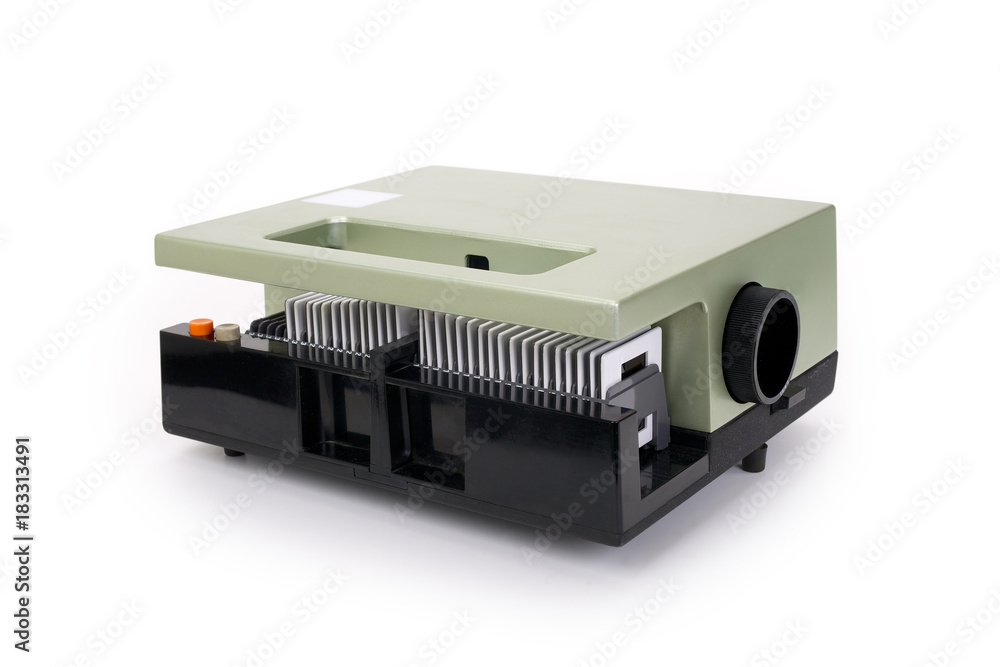 Slide projector with slides in tray, contains clipping path Slide projector with slides in tray, contains clipping path
