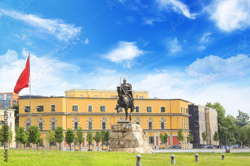 Monument to Skanderbeg in Scanderbeg Square in the center of Tirana, Albania  photo