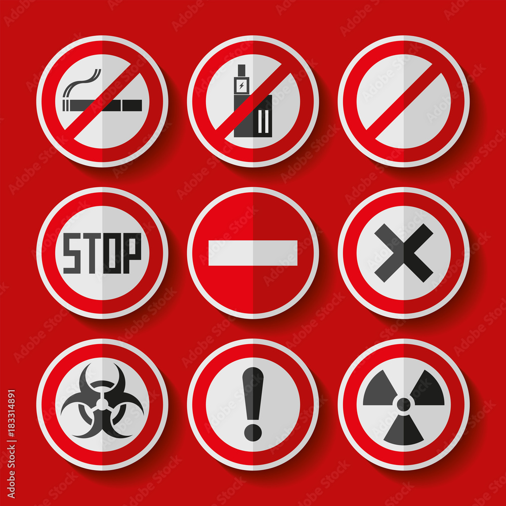 Prohibition sign icons set in flat style on red background, danger emblems, vector design illustration for you project Prohibition sign icons set in flat style on red background, danger emblems, vector design illustration for you project