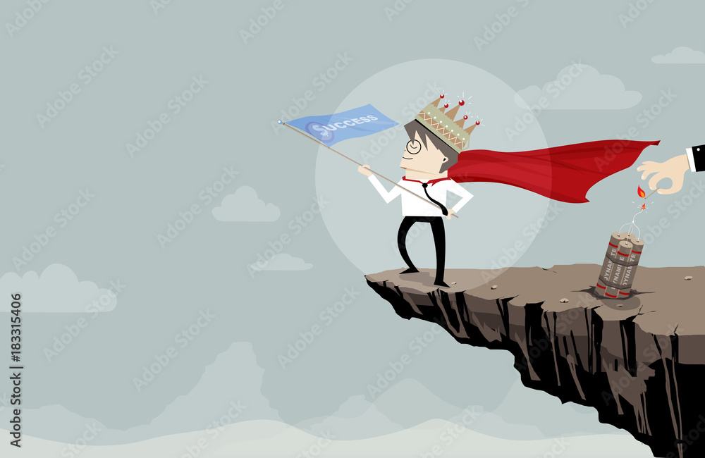 Fototapeta premium Super businessman with crown and flag of success on the cliff, but dynamite behind him, Illustration flat image