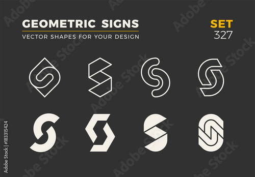 Set of eight minimalistic trendy shapes. Stylish vector logo emblems for Your design. Simple geometric signs collection.