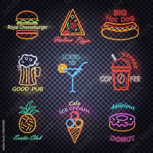 Royal Cheeseburger Neon Labels Vector Illustration
