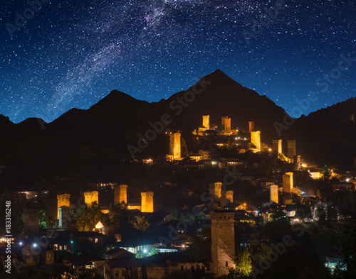 The view of night Mestia under the starry sky photo