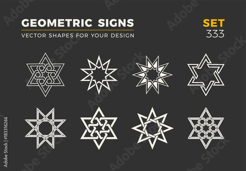 Set of eight minimalistic trendy shapes. Stylish vector logo emblems for Your design. Simple geometric signs collection.