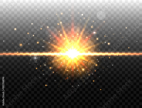 Explosion concept. Isolated on black transparent background. Golden Glow light effect. Explosion light. Star burst with sparkles. Vector illustration