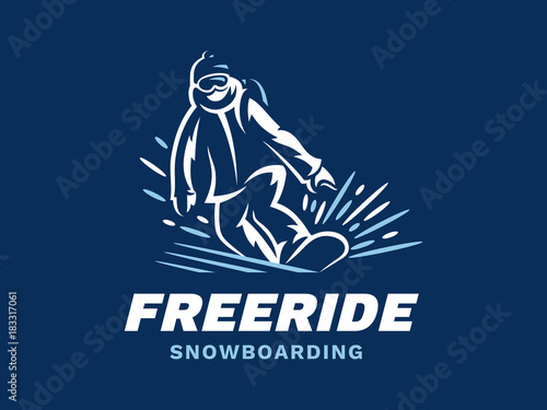 Snowboarding freeride powder logo - vector illustration, emblem design on blue background © Alexey Boychenko