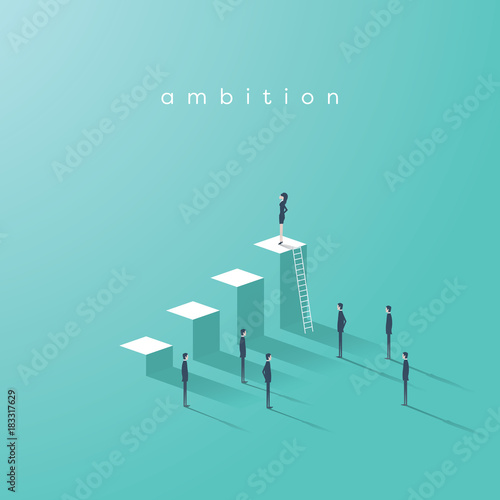 Business woman ambition and leadership vector concept. Businesswoman standing on top of graph as symbol of emancipation, equality, gender, feminism in business.