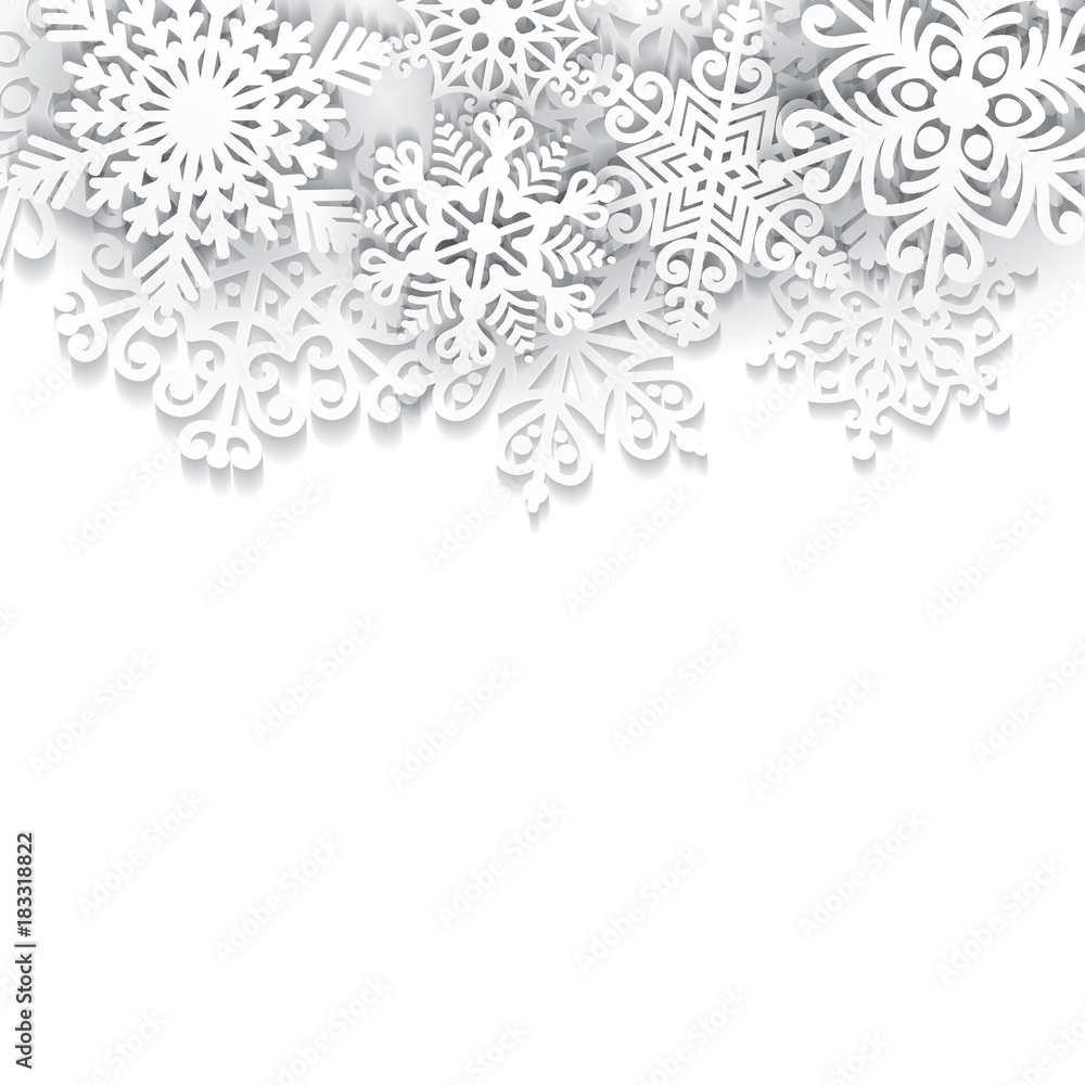Vector illustration abstract Christmas background with volumetric snowflakes. Winter paper art design. 3D snowflakes with shadow. Xmas and new year card template Vector illustration abstract Christmas background with volumetric snowflakes. Winter paper art design. 3D snowflakes with shadow. Xmas and new year card template