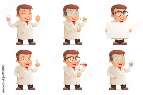 Retro 3d Scientist Young Cute Test-tube Icons Set Cartoon Design Character Vector Illustration