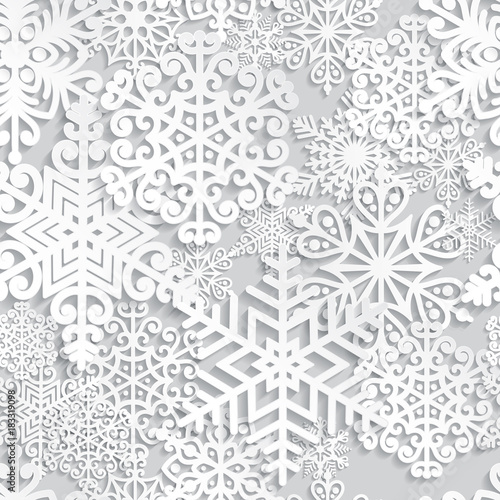 Christmas and New Year seamless pattern with white paper snowflakes. Winter seasonal holidays background. 3D paper art background