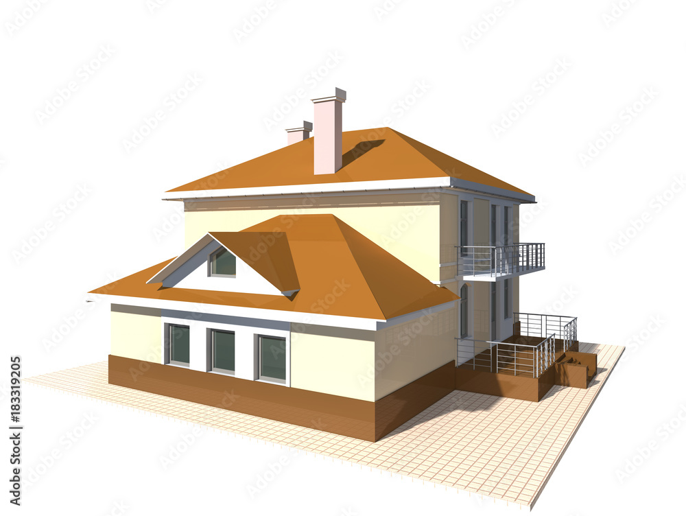 Private cottage, residential building 3d illustration on a white background