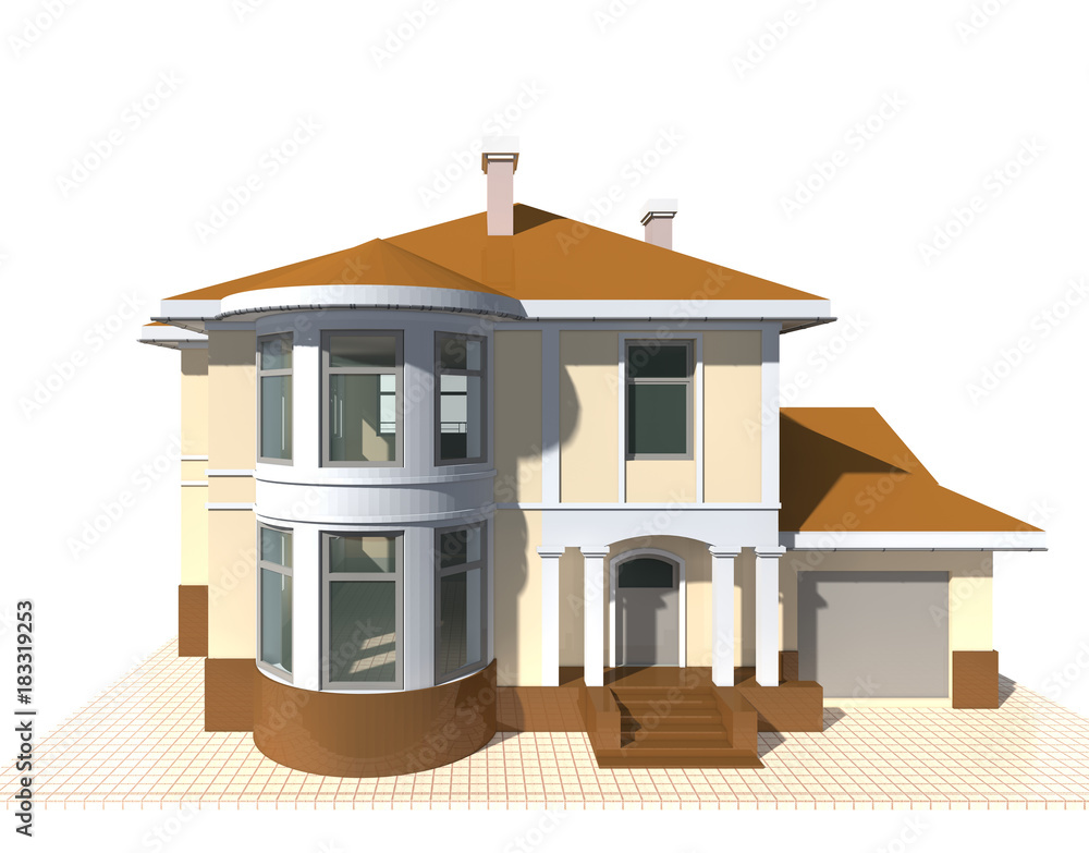 Private cottage, residential building 3d illustration on a white background