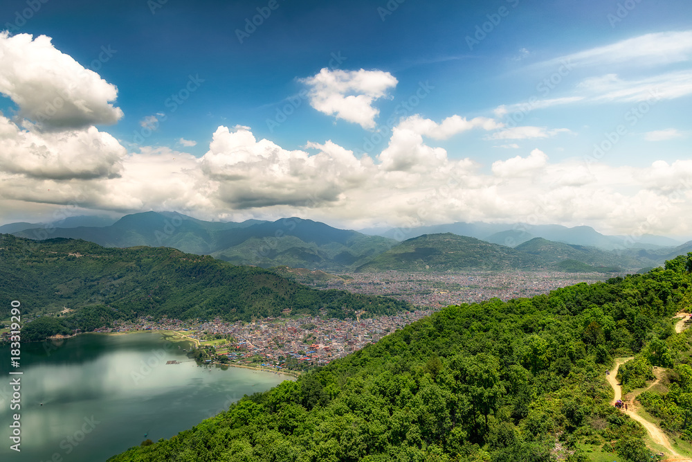 top views and cityscape of pokara village and phewa lake. nepal