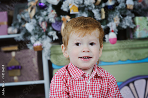 Wallpaper Mural The red-haired boy in a plaid shirt amid the Christmas decorations. Torontodigital.ca