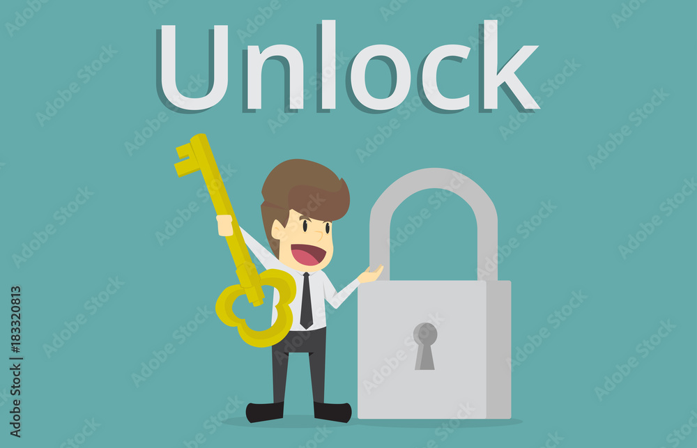 Businessman holding golden key to unlock the lock,Key to  of  business success is the concept of the man characters business,the mood of  people,background, illustration Stock Vector | Adobe Stock