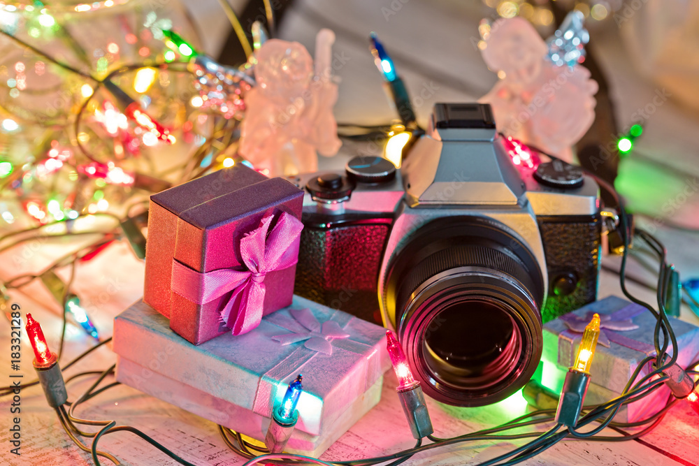 New Year gifts illuminated by garland New Year gifts illuminated by garland