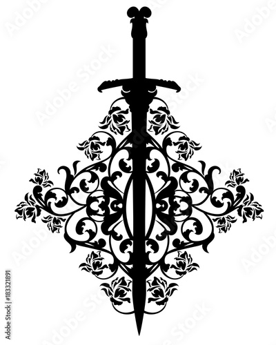 antique sword among rose flower decor - black and white vector design