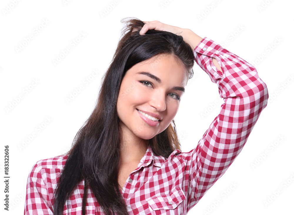 Beautiful smiling woman on white background Beautiful smiling woman on white background