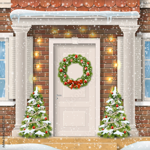 Entrance to the suburban house decorated with a Christmas wreath on the door with a garland and spruce. Vector detailed realistic illustration.