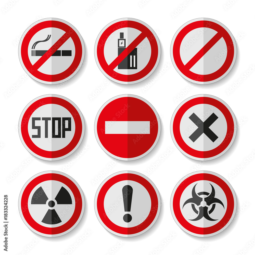 Prohibition sign icons set in flat style on white background, danger emblems, vector design illustration for you project Prohibition sign icons set in flat style on white background, danger emblems, vector design illustration for you project