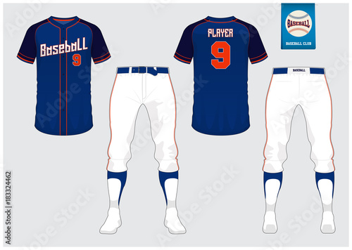 Baseball uniform, sport jersey, t-shirt sport, short, sock template. Baseball t-shirt mock up. Front and back view sport uniform. Flat baseball logo on blue label. Vector Illustration.