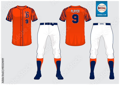 Baseball uniform, sport jersey, t-shirt sport, short, sock template. Baseball t-shirt mock up. Front and back view sport uniform. Flat baseball logo on blue label. Vector Illustration.