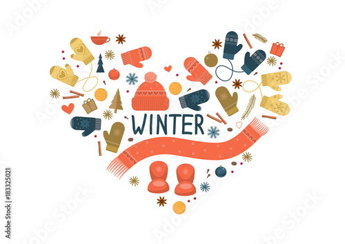 Set of winter items on white background. Vector illustration.