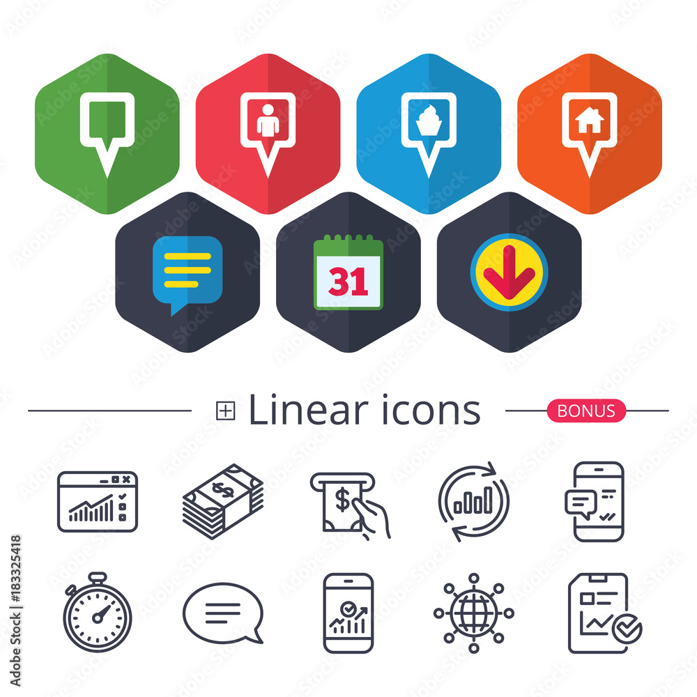 Map pointer icons. Home, food and user location. Map pointer icons. Home, food and user location.
