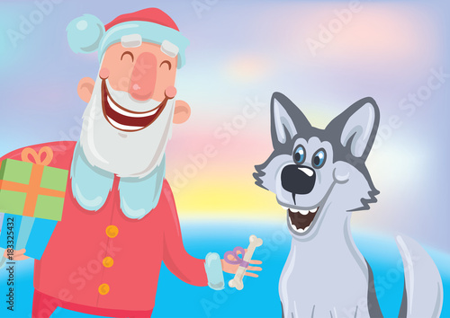 Happy laughing Santa Claus with bone and a dog. New year and Christmas cards for year of the dog according to the Eastern calendar. Vector Characters Illustration on glowing colourful background.