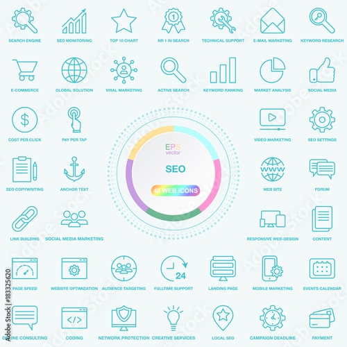 Set of Universal SEO Search Engine Optimisation Line Icons. Web, Blog And Social Media Buttons. EPS10 Vector Illusitration Isolated On Background.