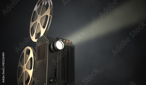 Retro movie projector on dark background. 3D rendered illustration.