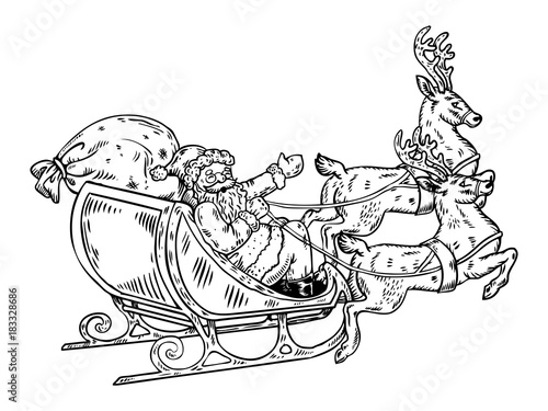 Santa Claus sleigh with reindeer engraving vector