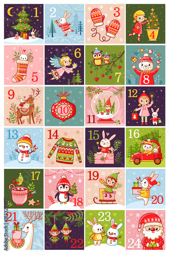 Vector christmas advent calendar in children's style. Collection of vector illustrations with animals. Christmas pictures with Santa Claus. Calendar 2018.