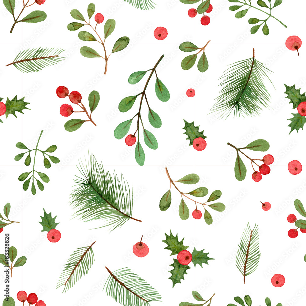 watercolor christmas plants and berries. seamless pattern on a white
