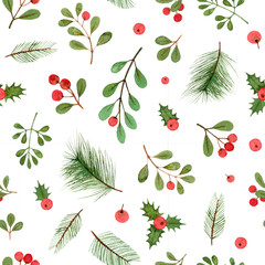 Deken met foto Kerstmis motieven patronen watercolor christmas plants and berries. seamless pattern on a white background.  © alenaganzhela