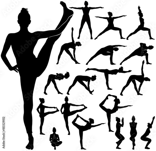 Silhouettes of slim girl practicing yoga and stretching.